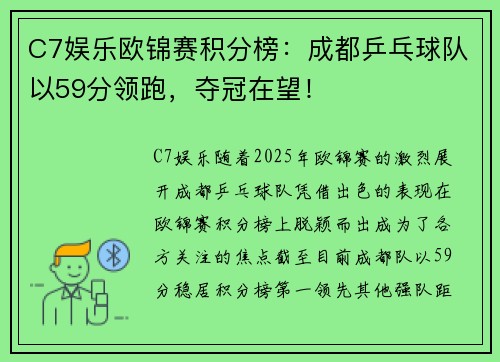 C7娱乐欧锦赛积分榜：成都乒乓球队以59分领跑，夺冠在望！